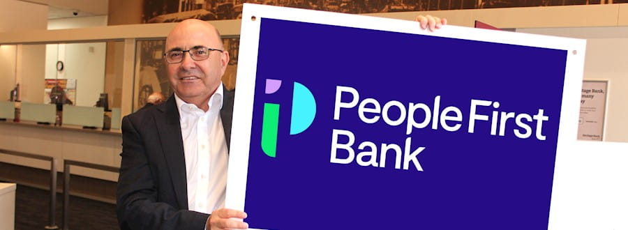 CEO Peter Lock with a sneak peek at the new People First Bank brand